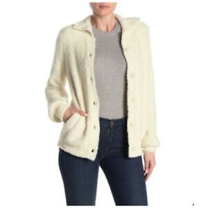 SUSINA Faux Fur Teddy Fleece Knit Cardigan in Ivory Dove